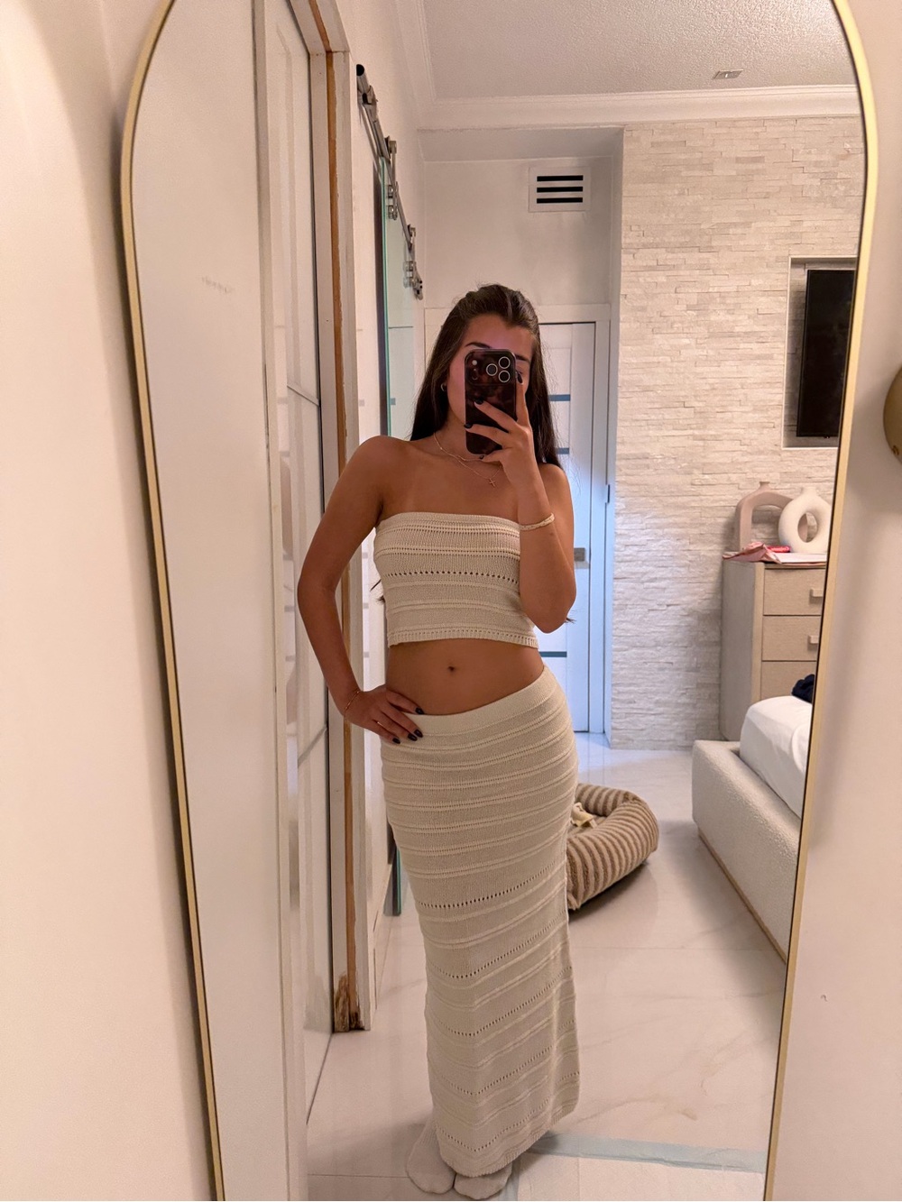 Cream Knit Strapless Maxi Skirt